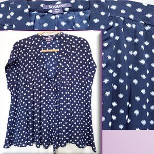 Roman's Blue/White Pleated A-Line Blouse With Tie at Neck Womans 20W (T-217)